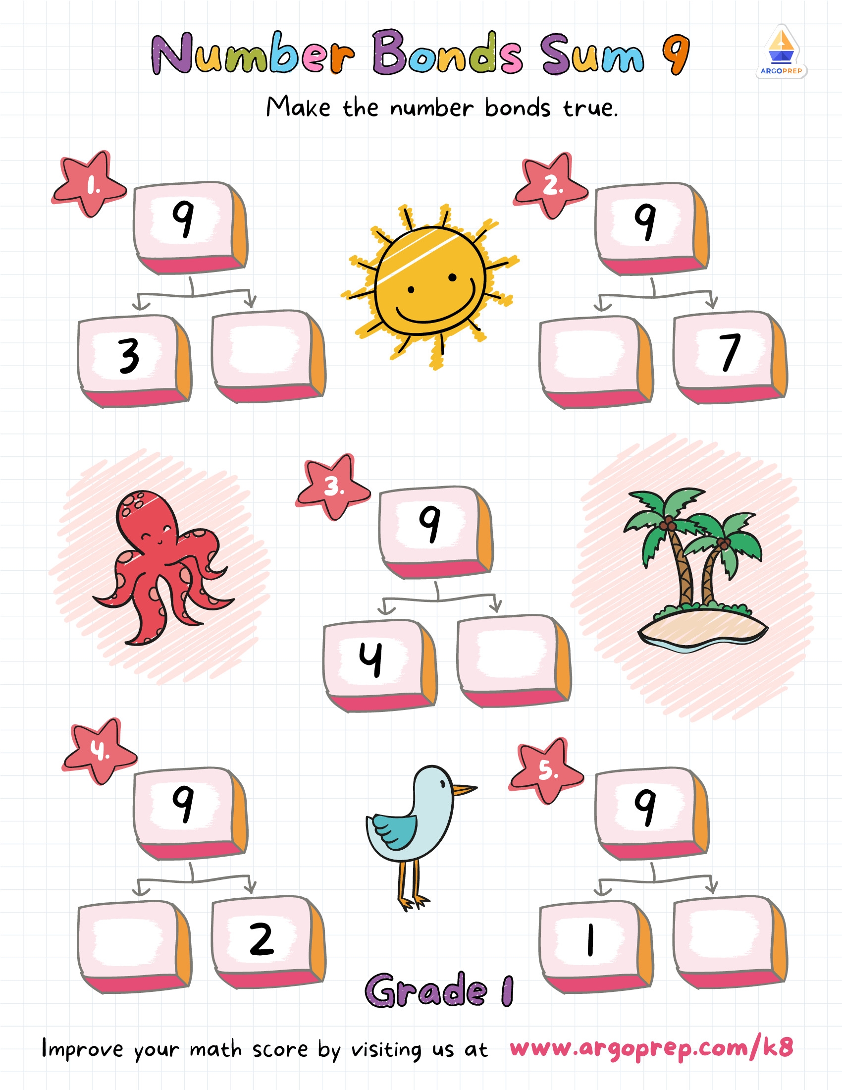 1st Grade Number Lines Number Bonds Sum 9 Worksheets For Free ArgoPrep