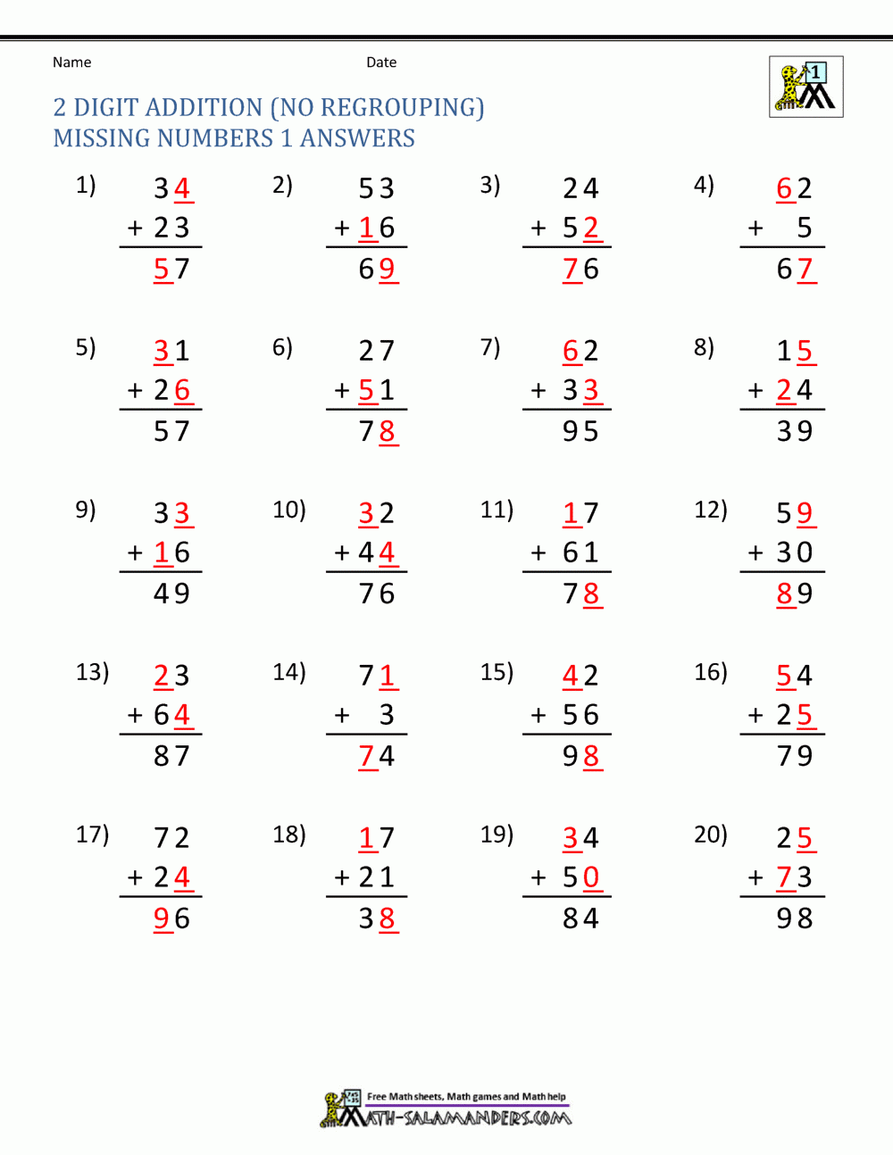 2 Digit Addition Without Regrouping