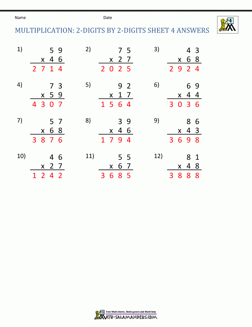 2 Digit Multiplication Worksheet