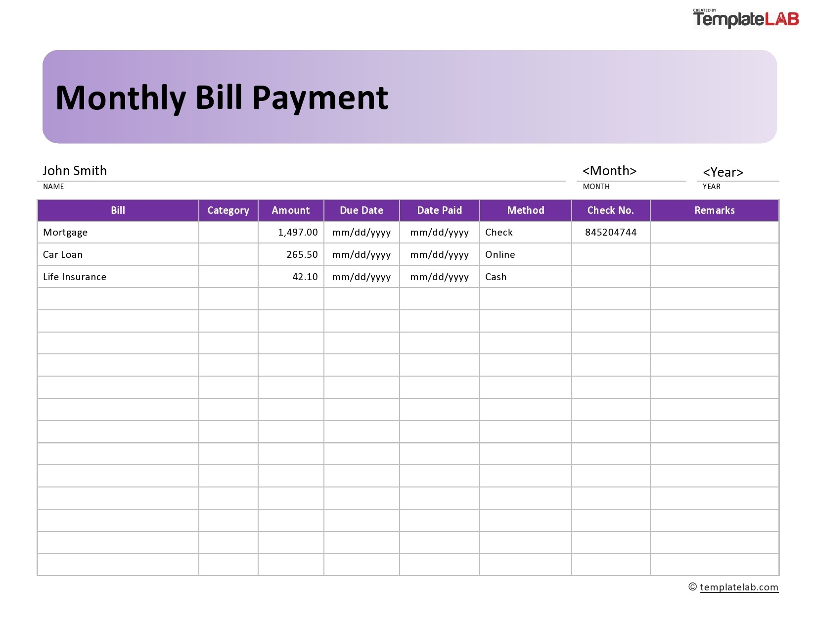 Free Printable Monthly Bill Payment Worksheet