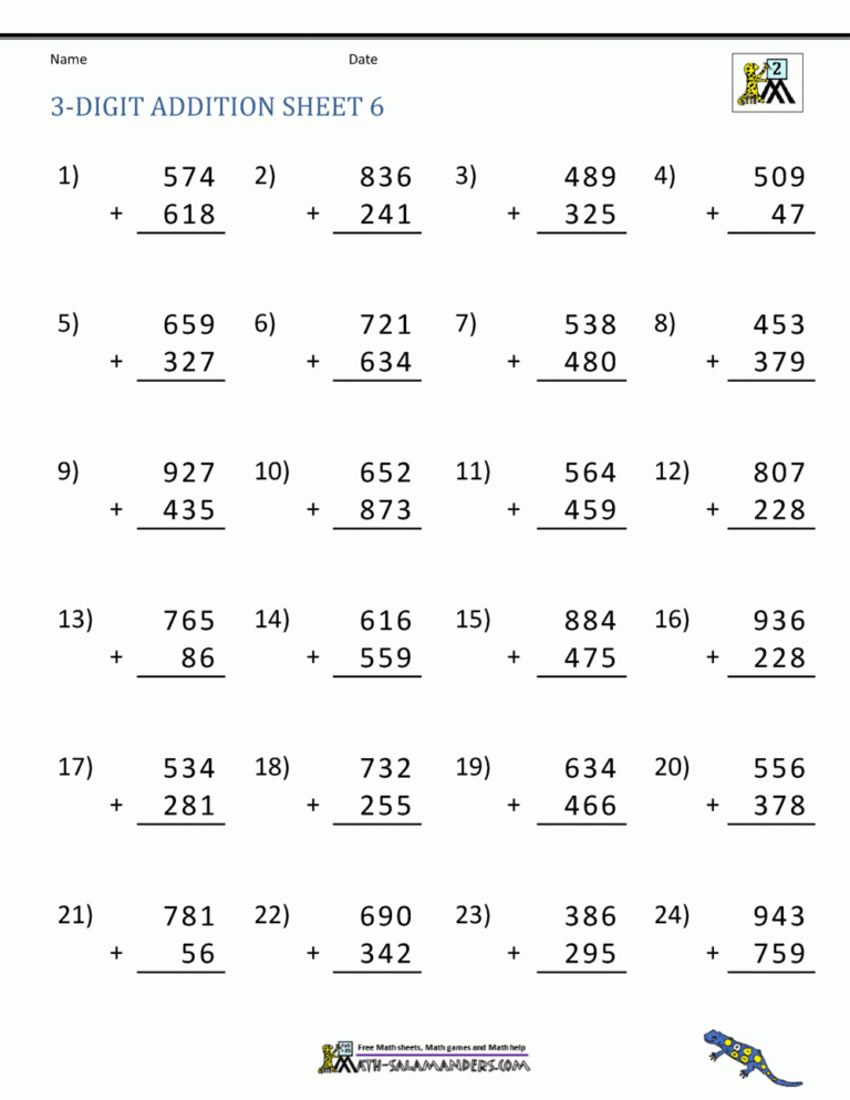 3 Digit Addition Worksheets
