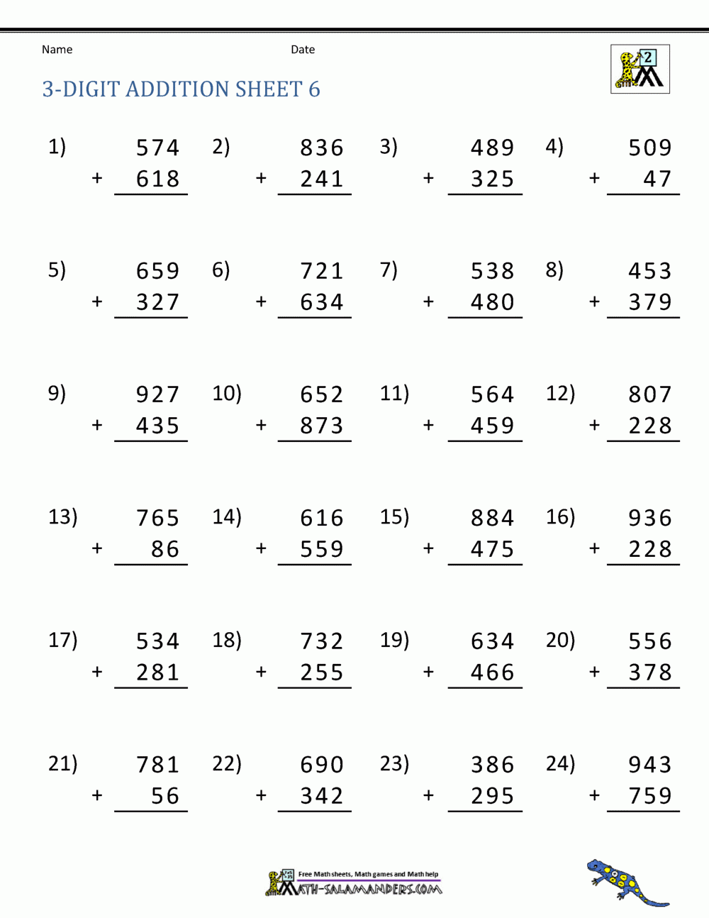 3 Digit Addition Worksheets