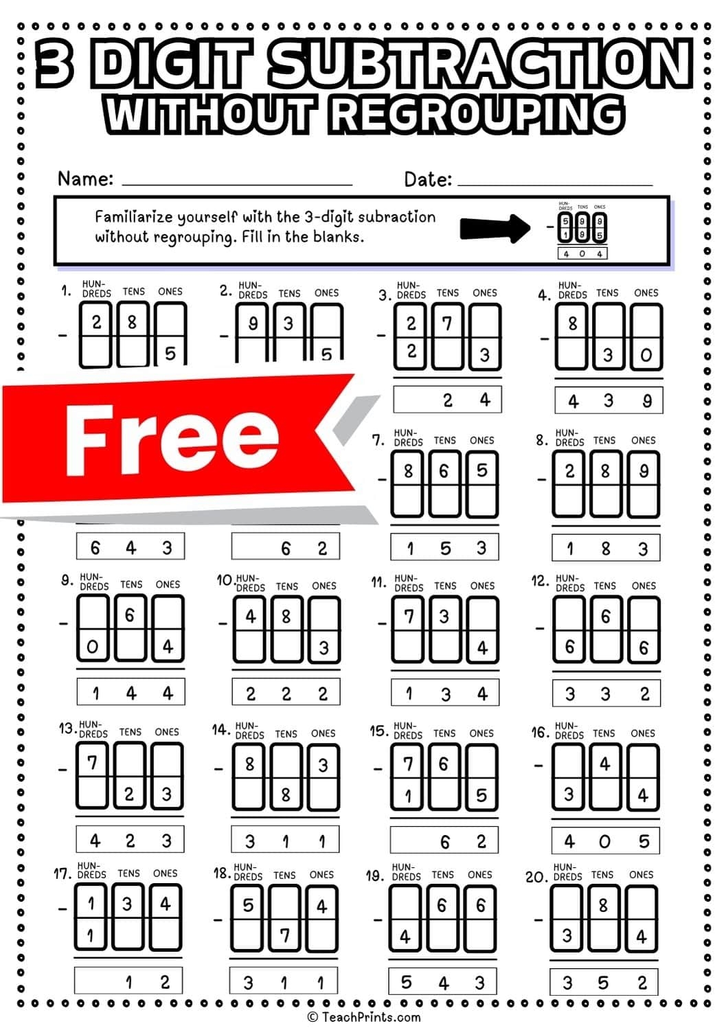 Free Printable Subtraction Worksheets Without Regrouping