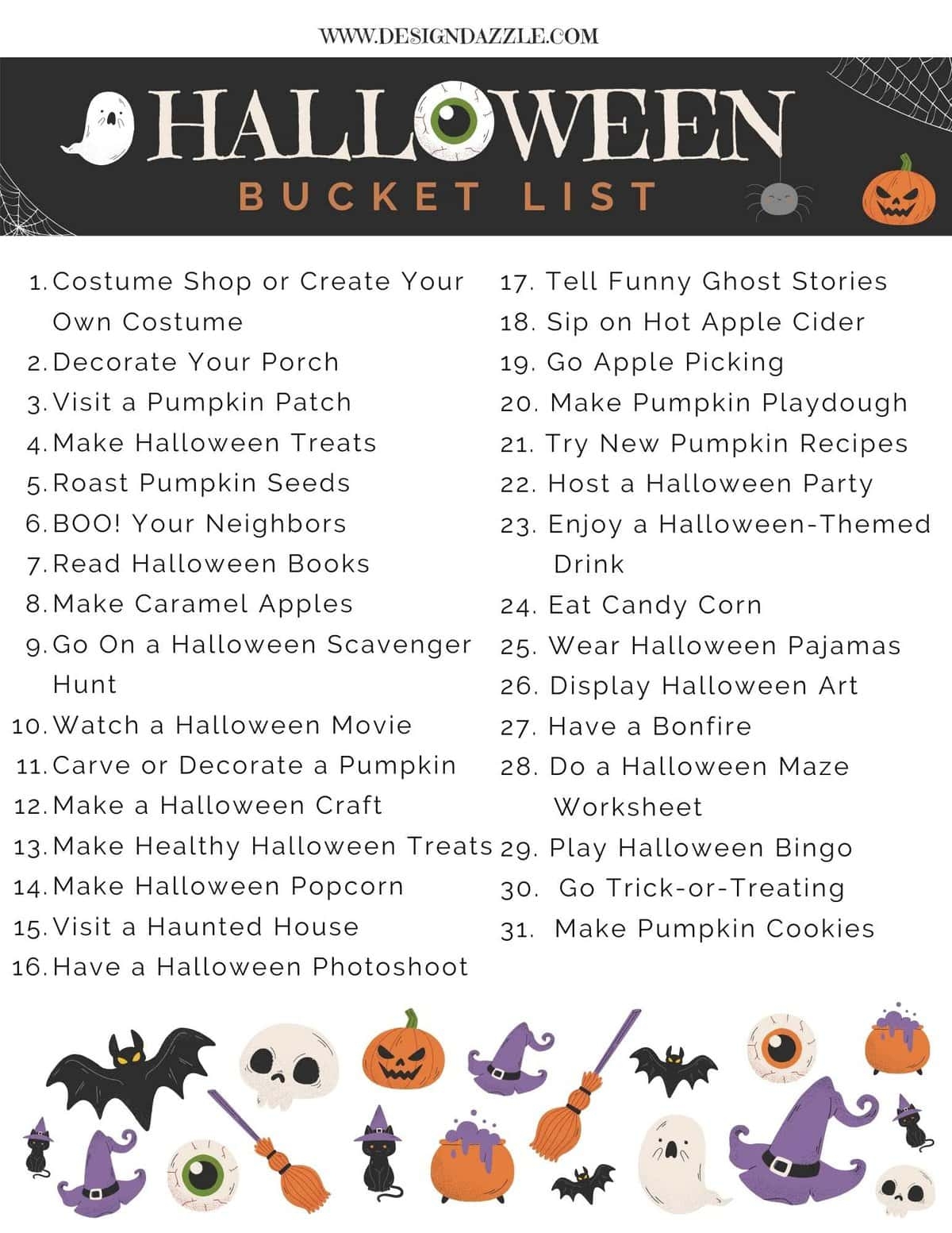 31 Days Halloween Bucket List Free Printable Design Dazzle 31 Days Halloween Bucket List Free Printable Design Dazzle