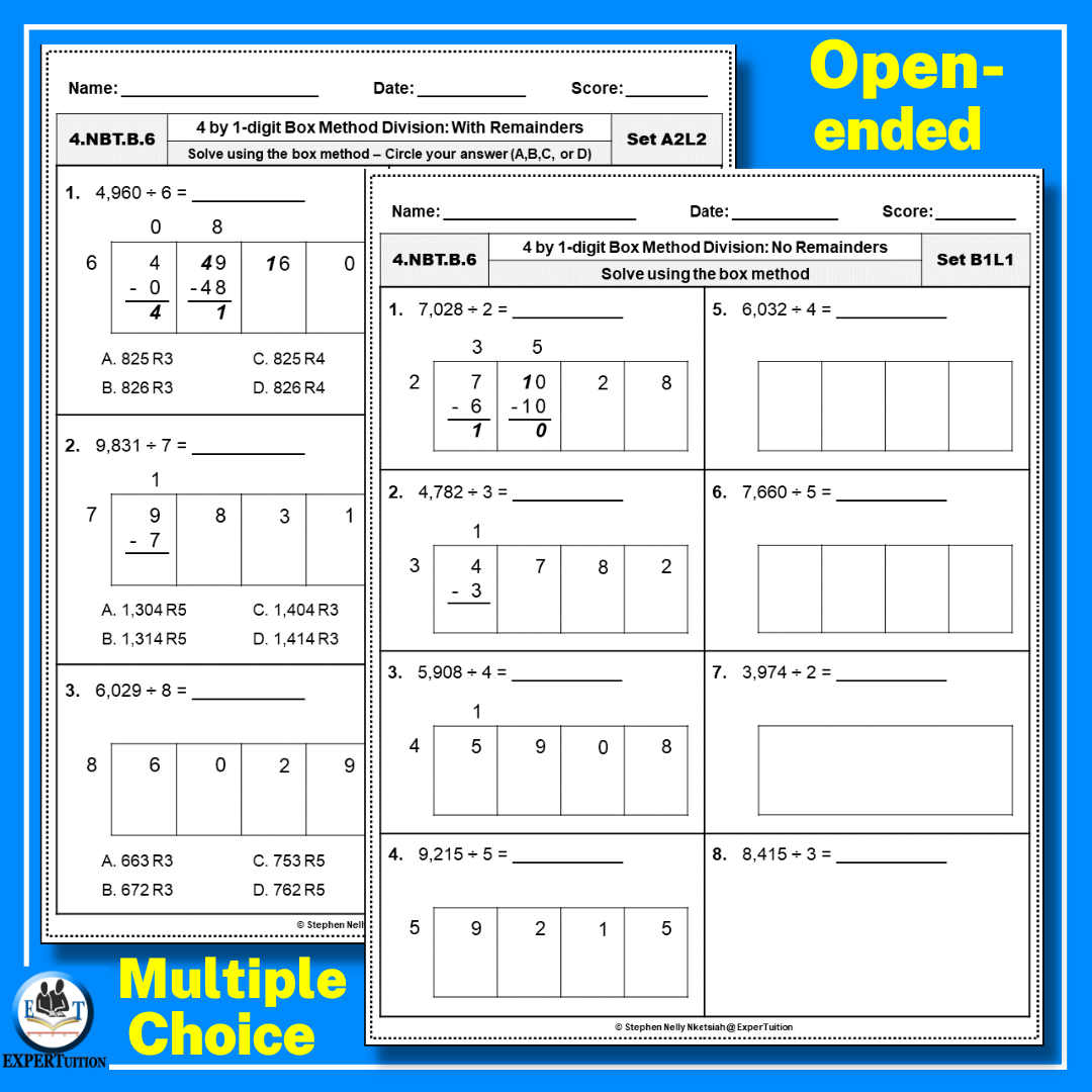 4 Digit By 1 Digit Box Method Division Worksheets 4th Grade ExperTuition