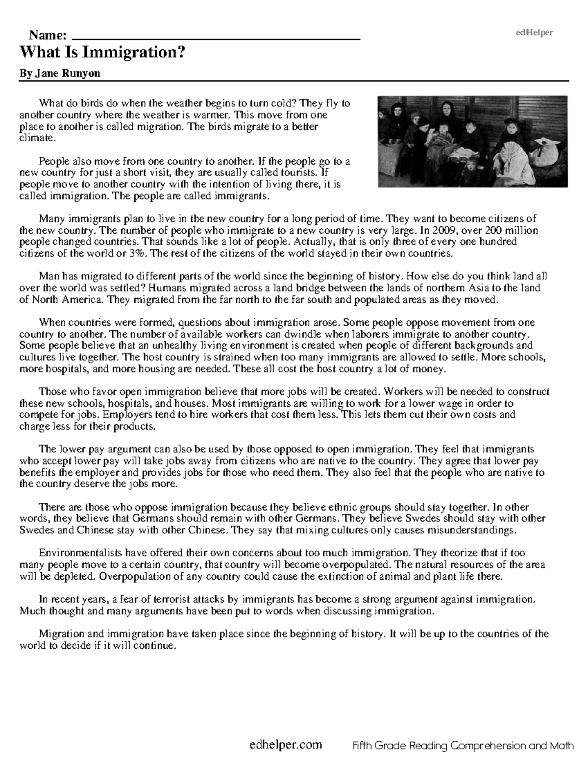 5th Grade Reading Comprehension Worksheets Name EdHelper What Is Immigration By Jane Runyon What Studocu