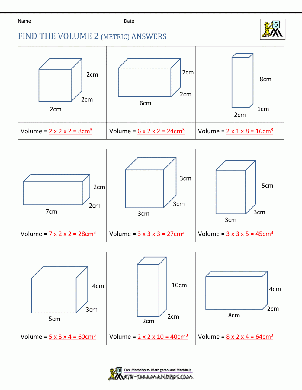 Printable Volume Worksheets 6th Grade