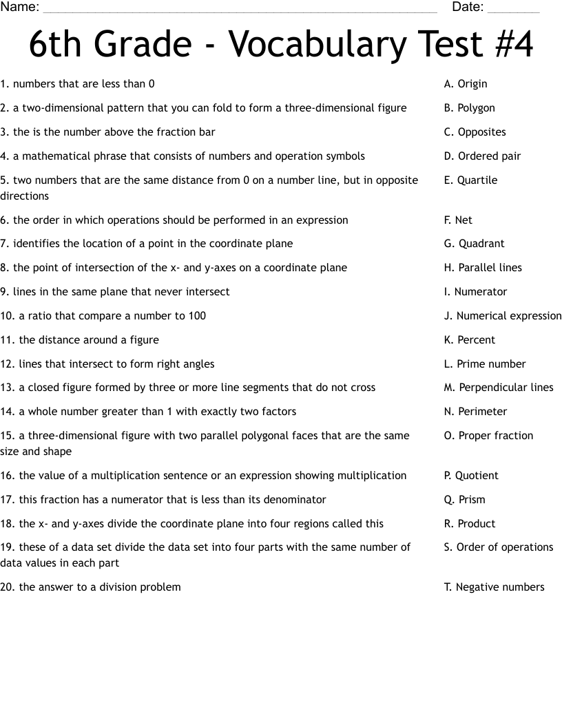 6th Grade Vocabulary Test 4 Worksheet WordMint 6th Grade Vocabulary Test 4 Worksheet WordMint