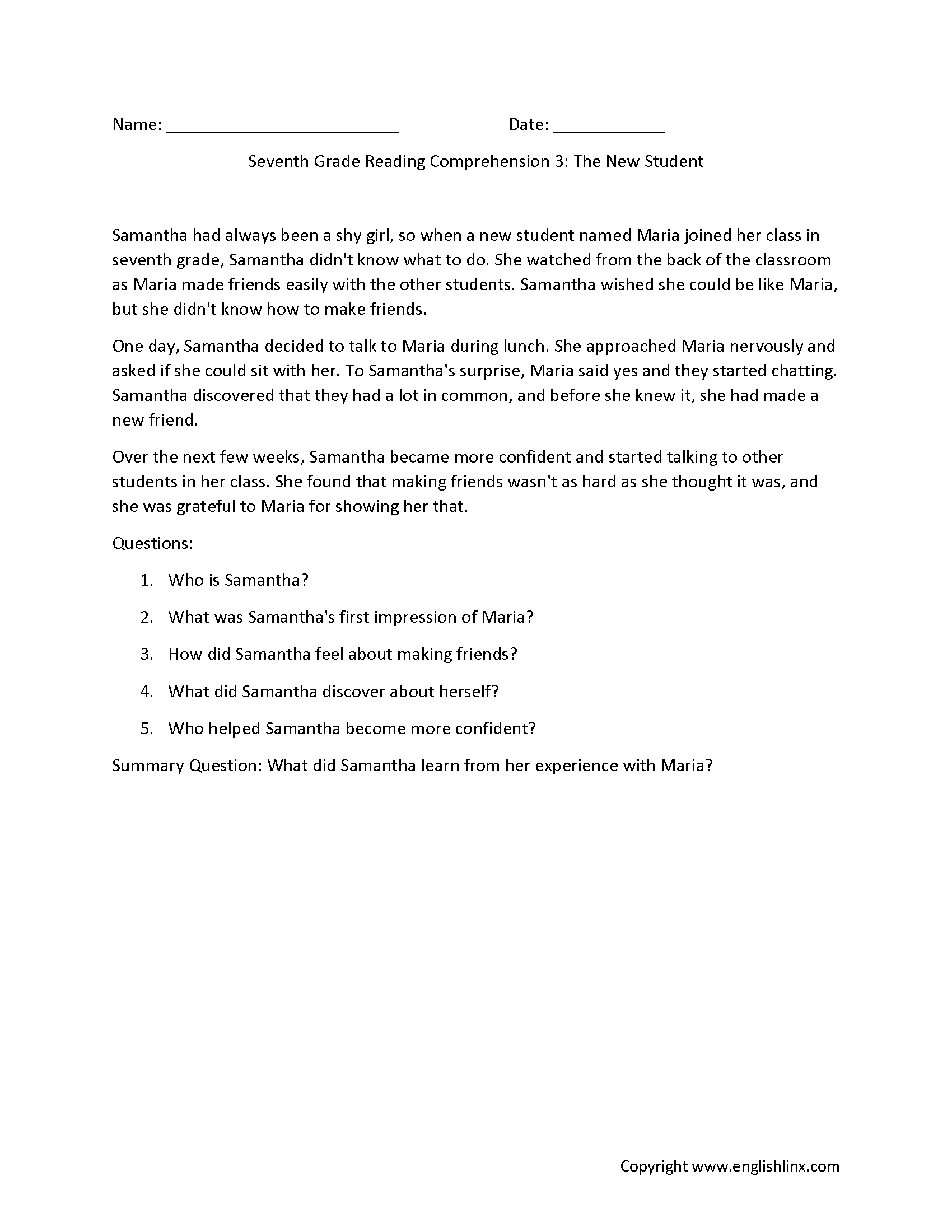 7th Grade Reading Comprehension Worksheets Printable Passages Questions