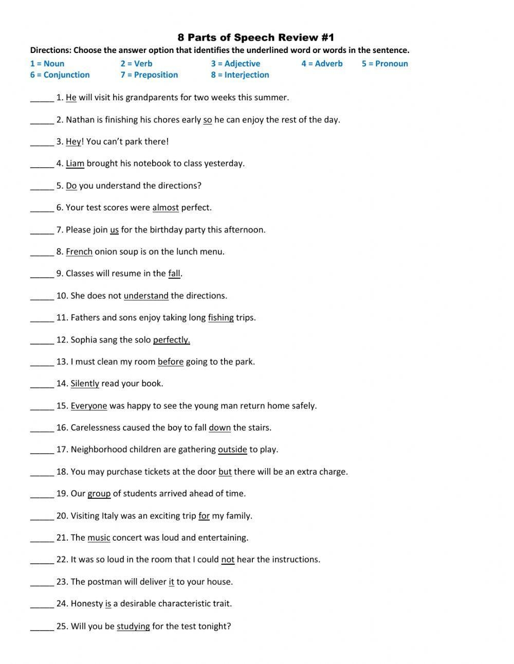 Parts Of Speech Review Worksheets Printable