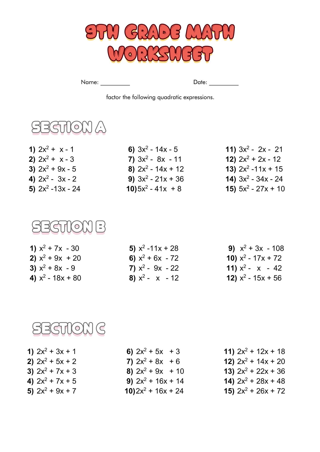 9th Grade Algebra Math Worksheets Printable Printable Math Worksheets Library