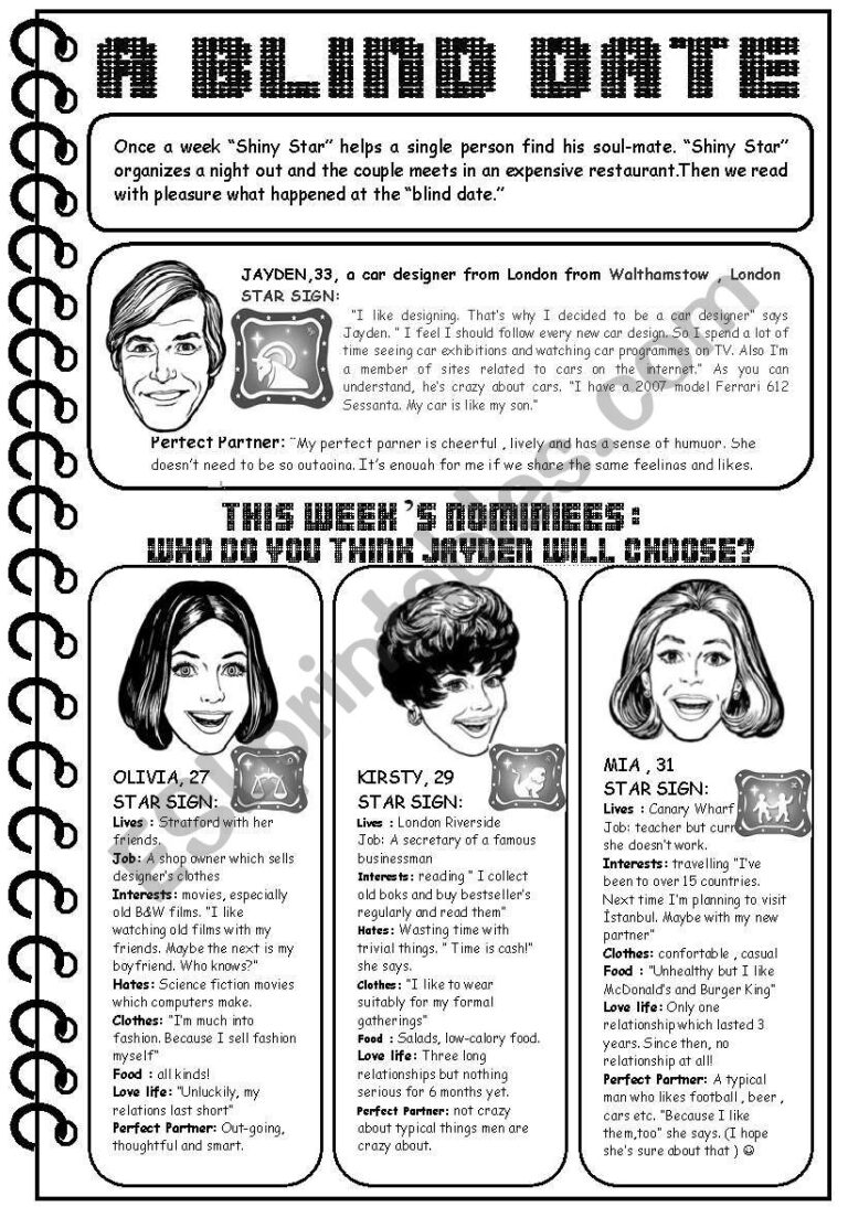 A BLIND DATE And Star Signs reading Passageu0026comprehension ESL 