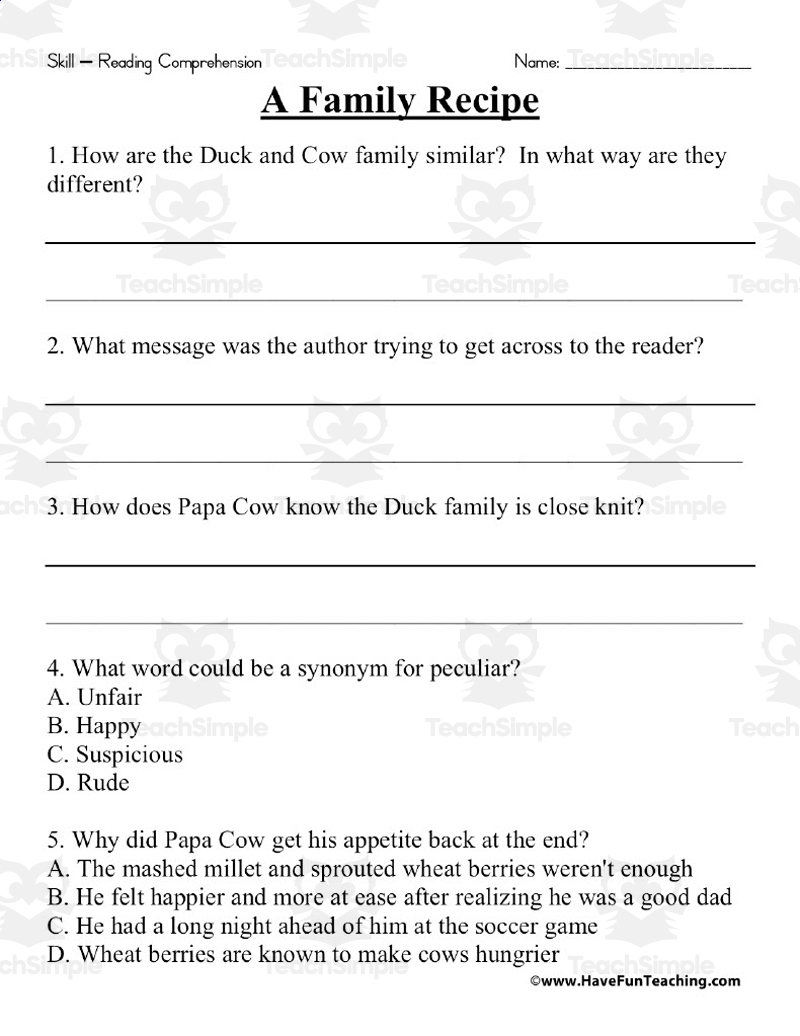 A Family Recipe Reading Comprehension Worksheet By Teach Simple A Family Recipe Reading Comprehension Worksheet By Teach Simple