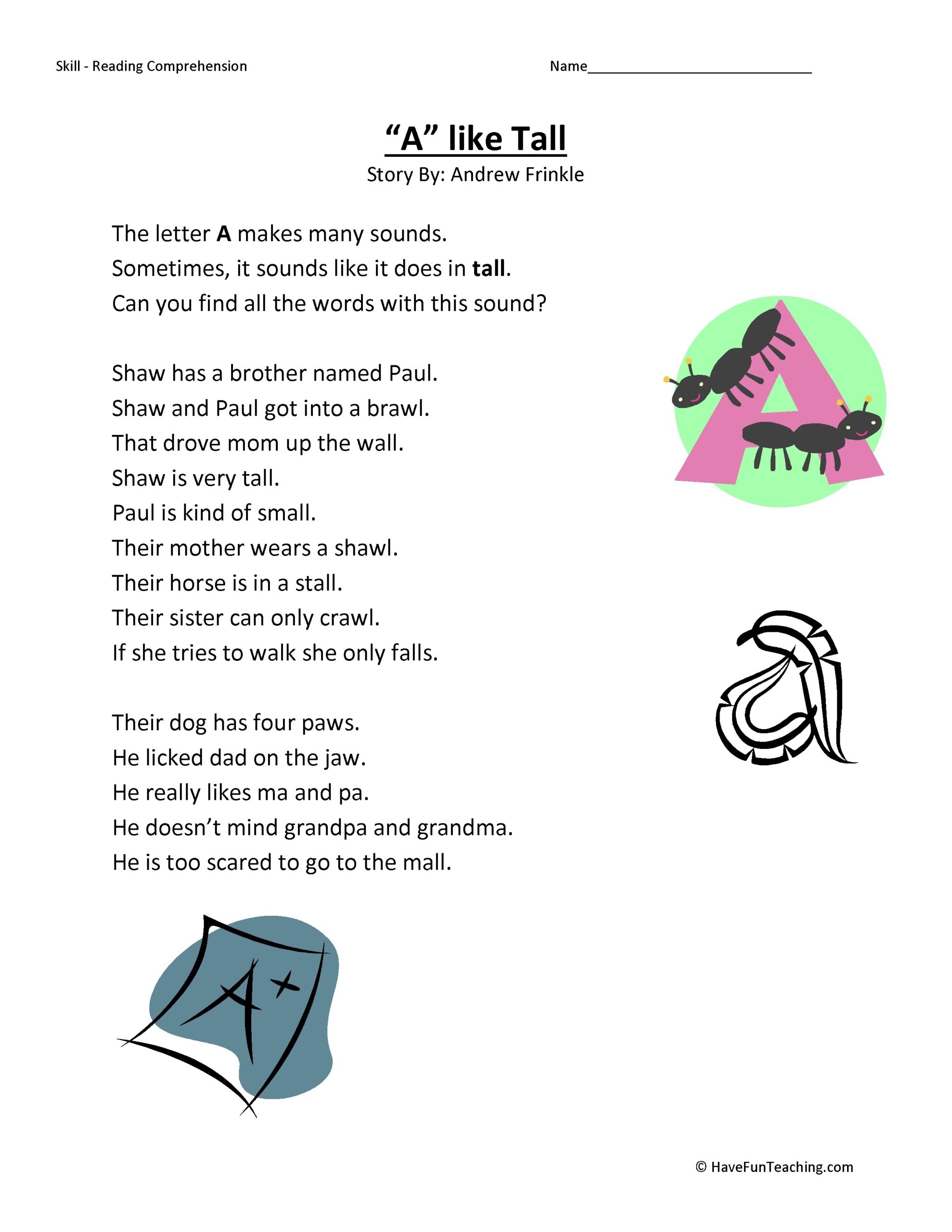 A Like Tall Reading Comprehension Worksheet Have Fun Teaching A Like Tall Reading Comprehension Worksheet Have Fun Teaching