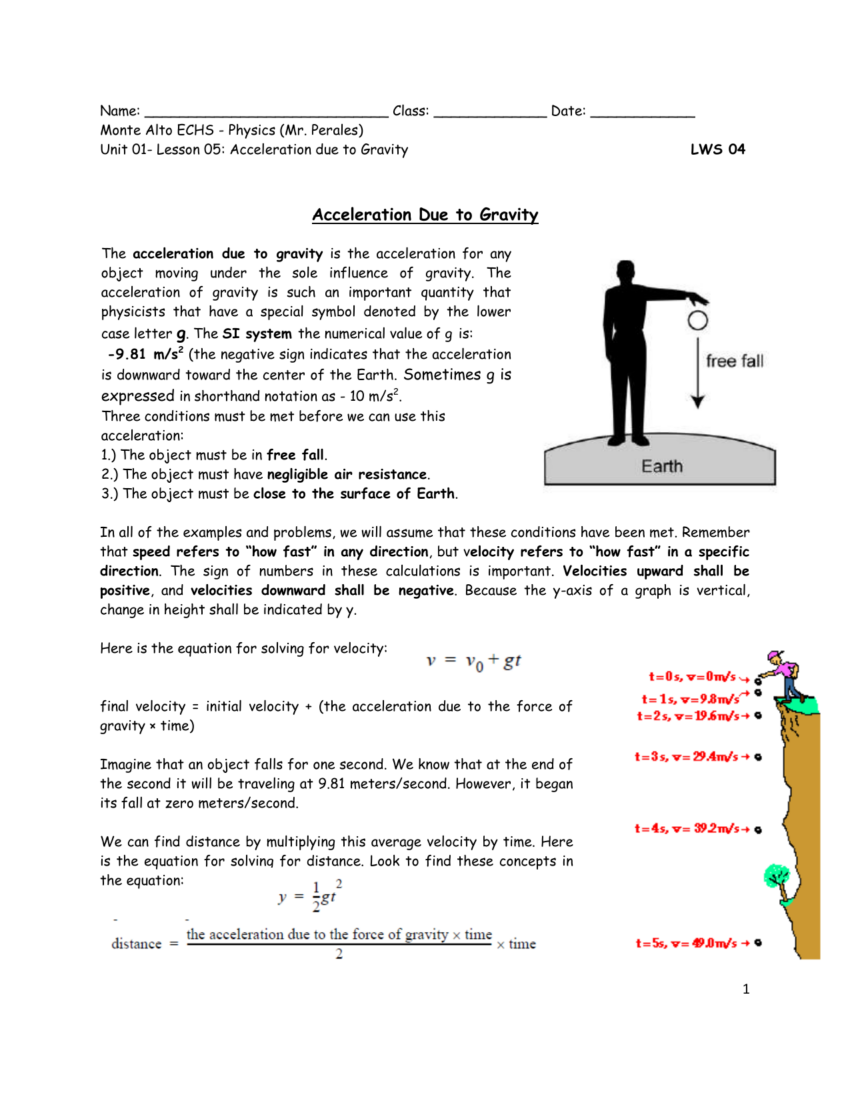 Acceleration Due To Gravity Worksheet