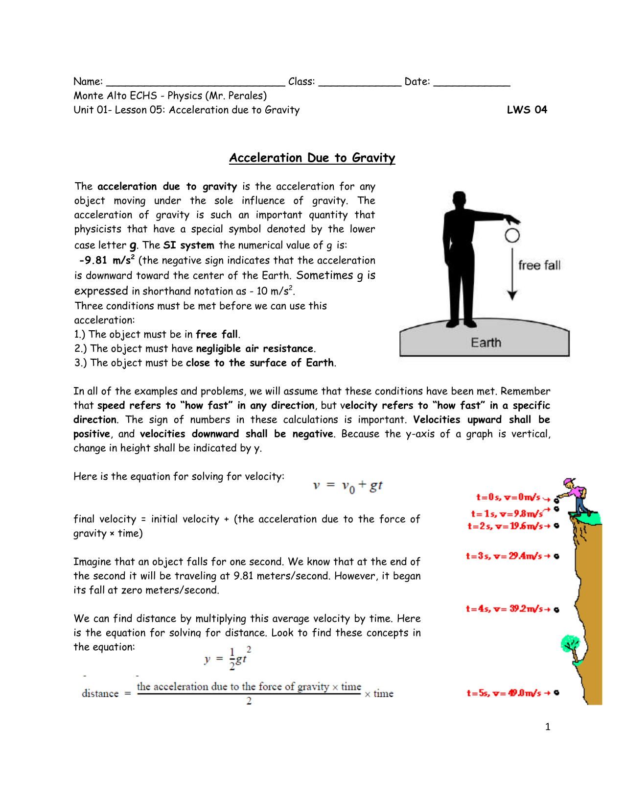 Acceleration Due To Gravity Worksheet Acceleration Due To Gravity Worksheet