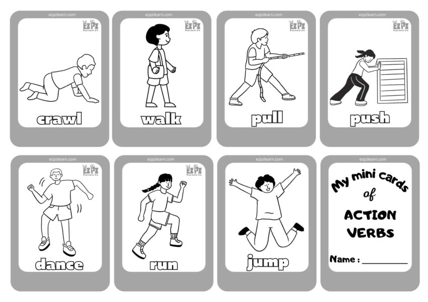 Action Verbs 2 Coloring Cards Free PDF Download Ezpzlearn