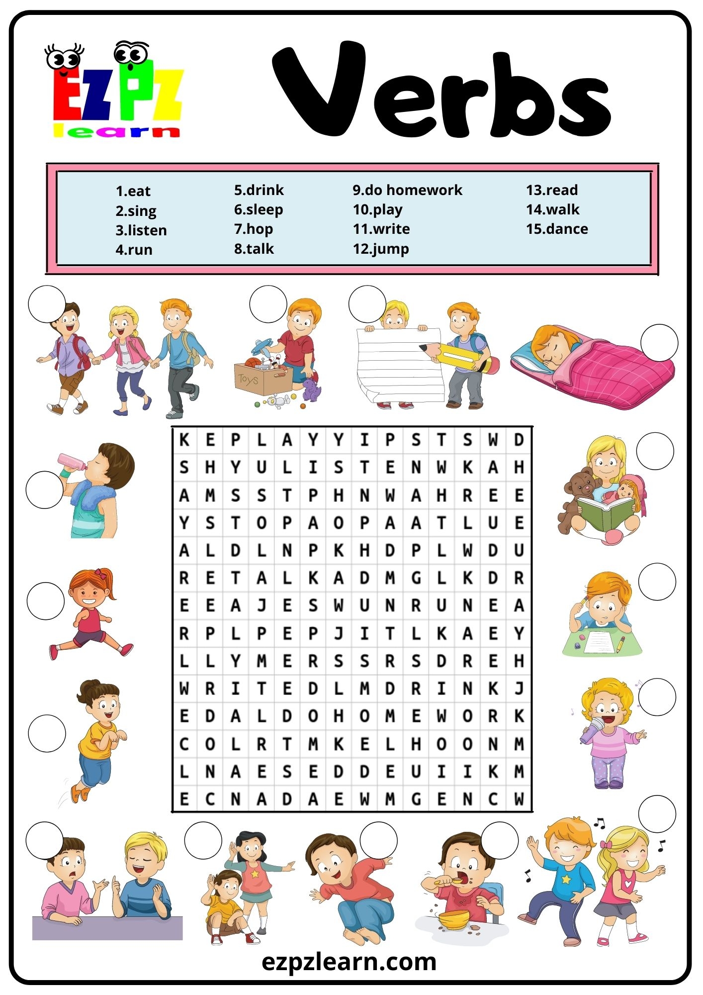 Action Verbs Word Search 2 Free PDF Download Ezpzlearn