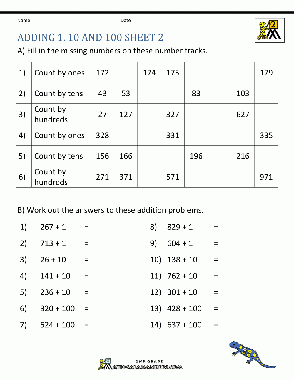 Adding 1 10 100 Worksheets