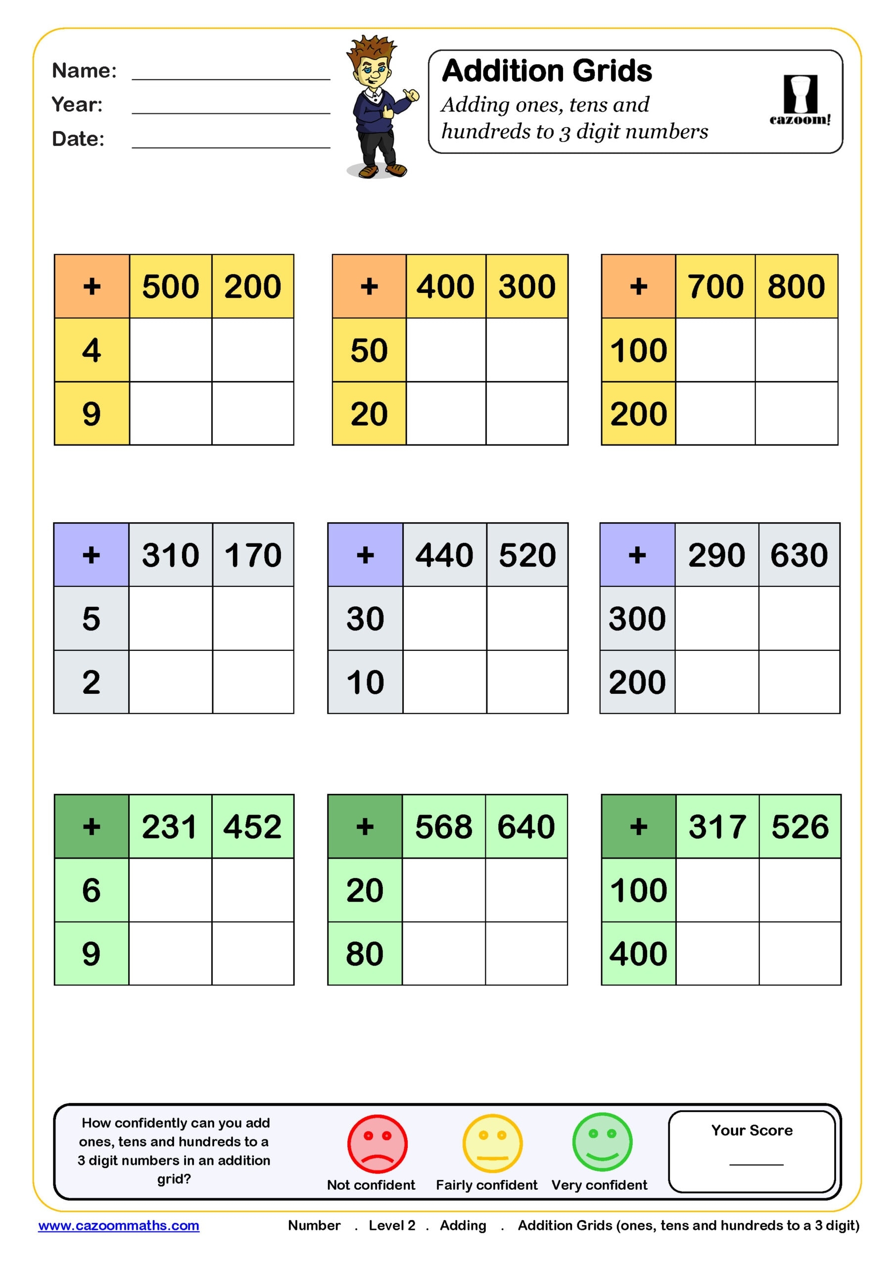 Addition Grids Worksheet adding Ones Tens And Hundreds To 3 Digit Numbers PDF Printable Addition Worksheets