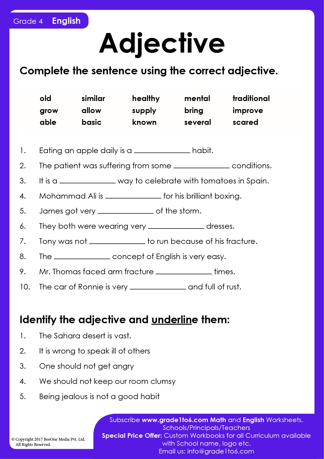 Adjective Exercises Worksheet For Class 4 English Grammar