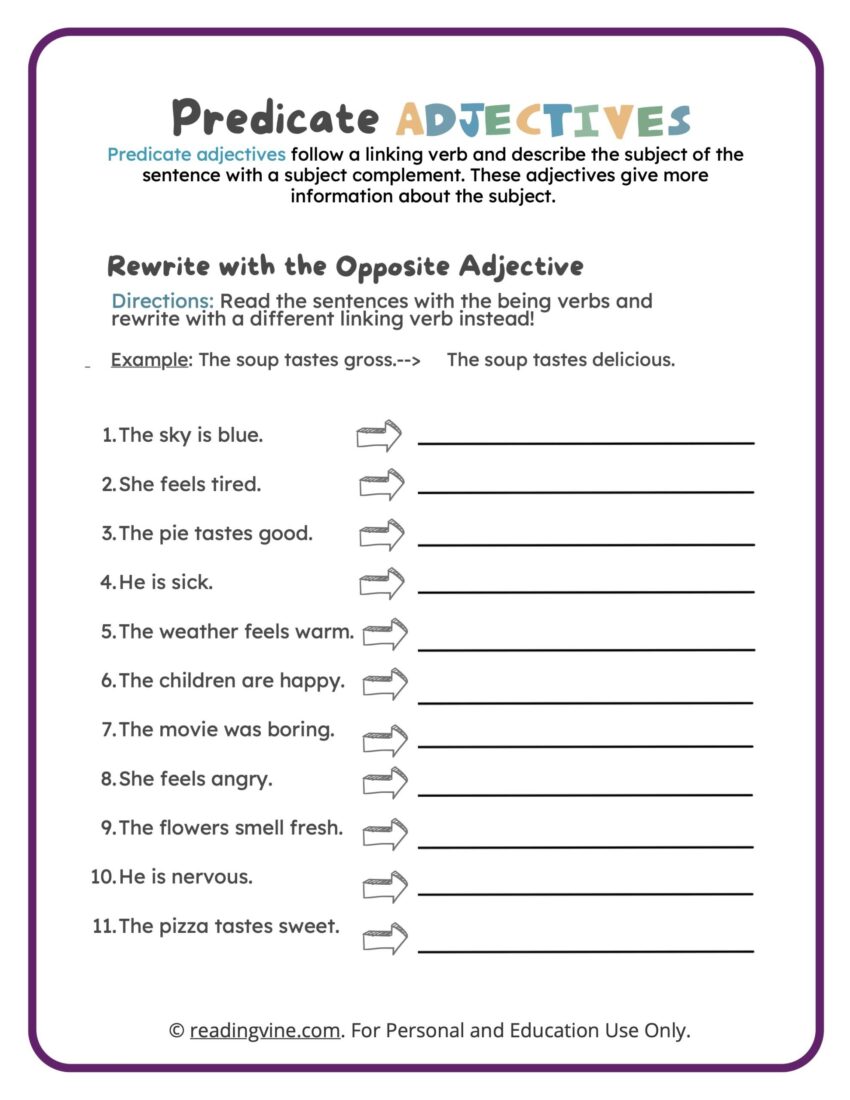 Adjective Worksheets ReadingVine