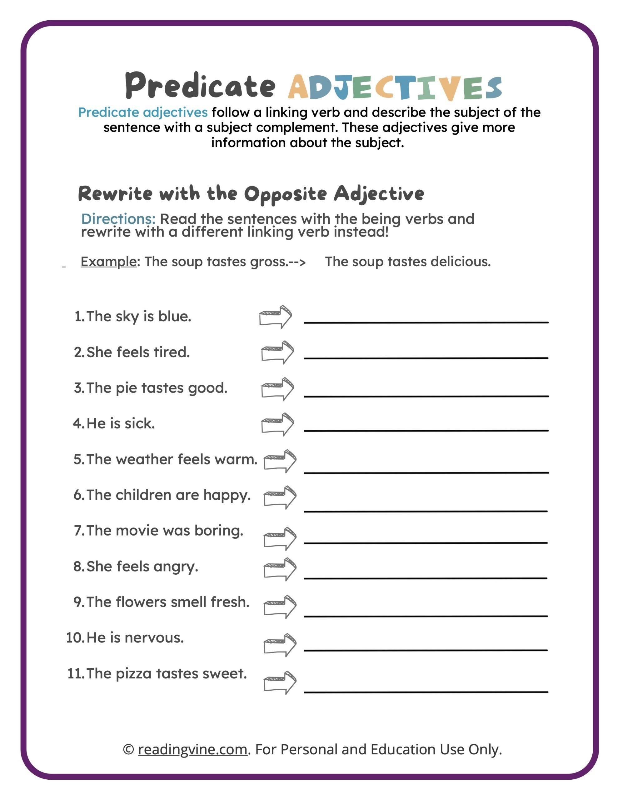 Adjective Worksheets ReadingVine
