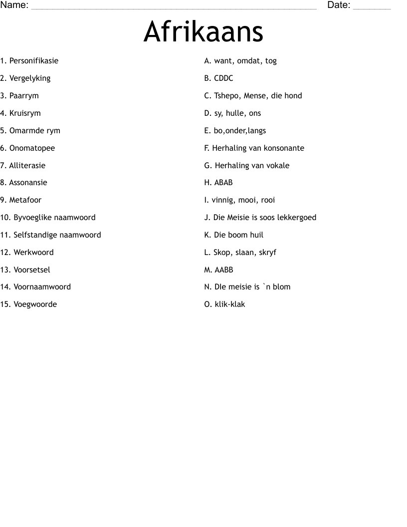 Afrikaans Worksheet WordMint