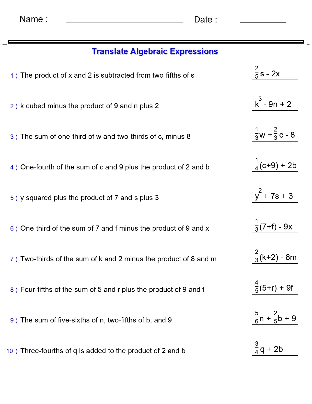 Algebraic Expressions Printable Worksheets Algebraic Expressions Printable Worksheets