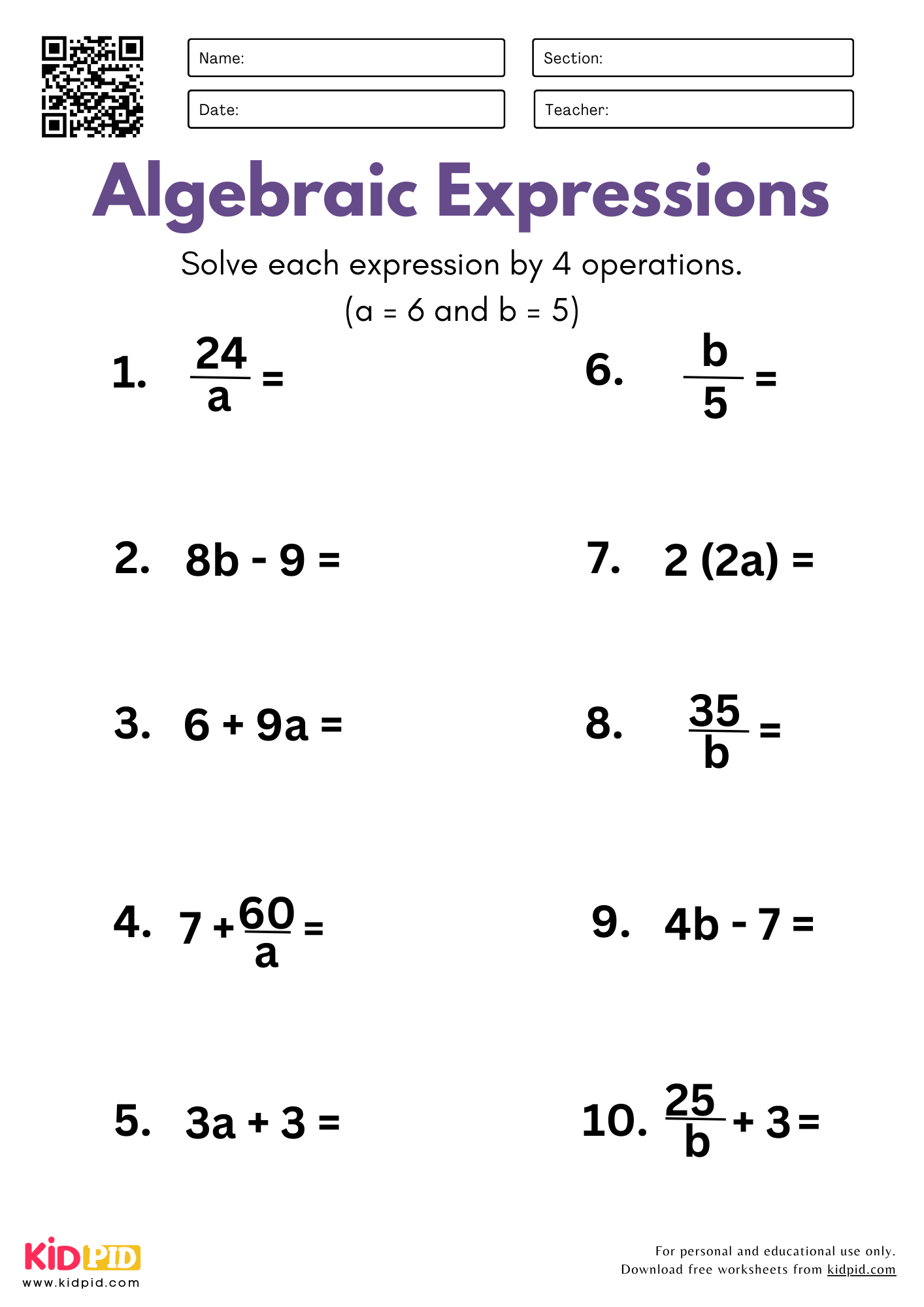 Algebraic Expressions With One Variable 4 Operations Worksheet For Grade 5 Kidpid Algebraic Expressions With One Variable 4 Operations Worksheet For Grade 5 Kidpid