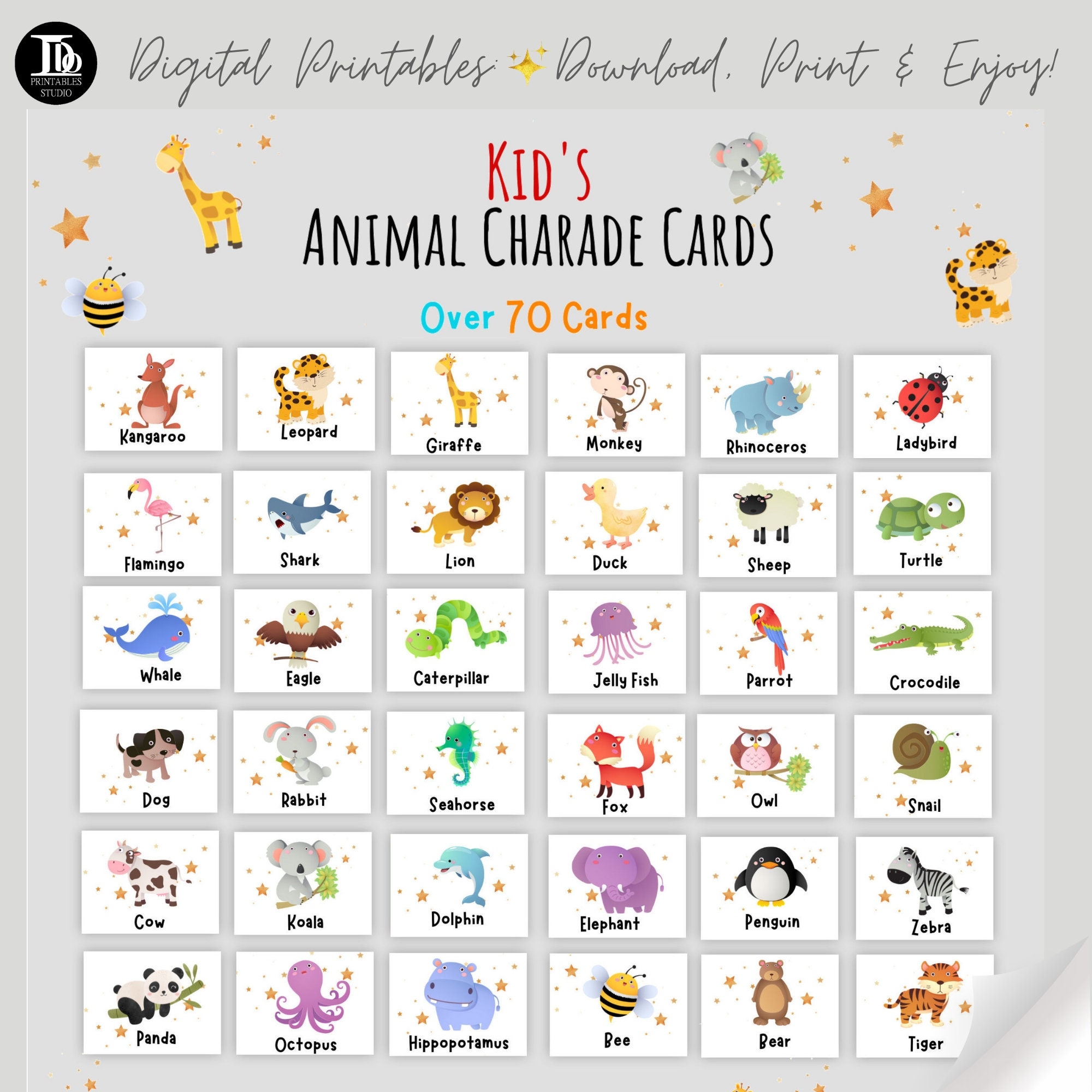 Animal Charades Game For Kids Toddler Games Preschool Card Game Printable Memory Game Children s Fun Charade Fun Kid s Birthday Etsy