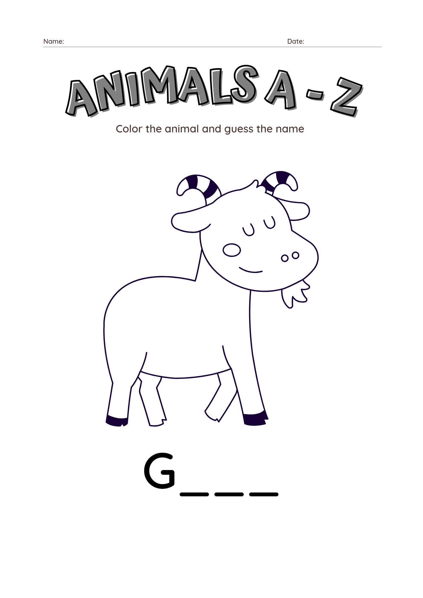 Animals Alphabet A Z Coloring And Guess The Name Worksheet For 