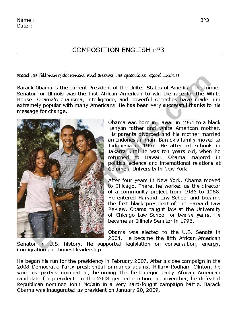 Barack Obama Reading Comprehension ESL Worksheet By Marion69 Barack Obama Reading Comprehension ESL Worksheet By Marion69
