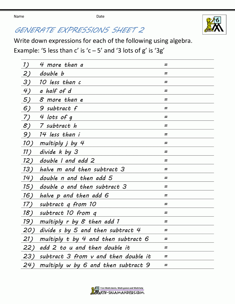 Basic Algebra Worksheets Basic Algebra Worksheets