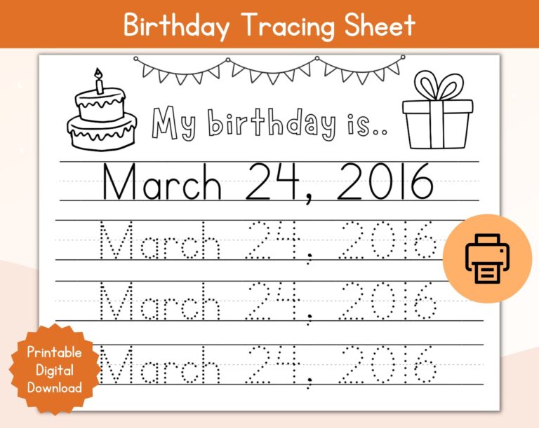 Birthday Tracing Custom Worksheet Personalized Birthdate Tracing Name Worksheet Date Of Birth Tracing Printable my Birthday Is Tracing Etsy