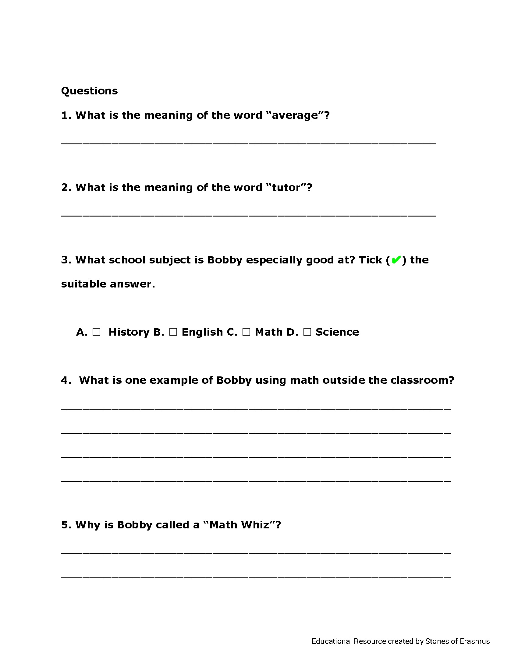 Bobby The Math Whiz Nonfiction Reading Comprehension Questions Worksheet For ELL Made By Teachers