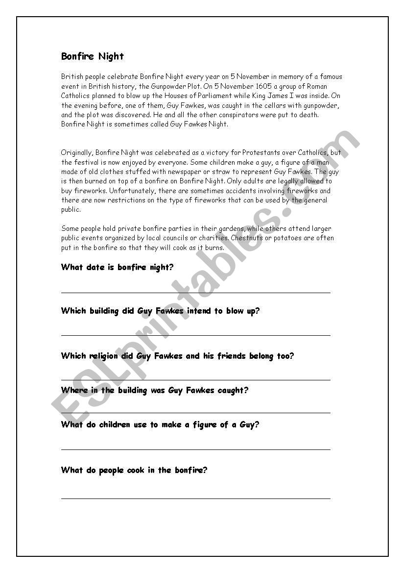 Bonfire Night Comprehension ESL Worksheet By Miss Mcd Bonfire Night Comprehension ESL Worksheet By Miss Mcd