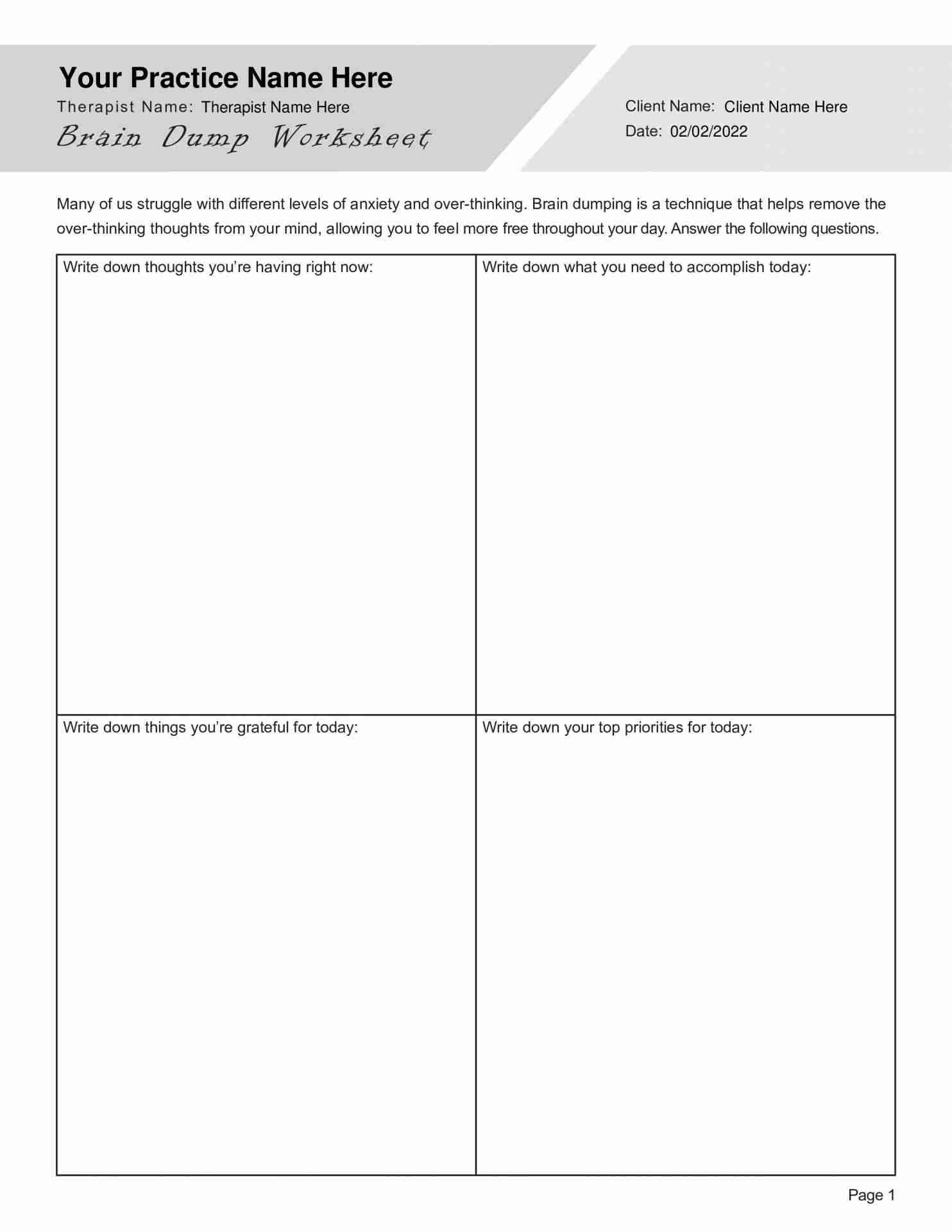 Brain Dump Worksheet PDF 