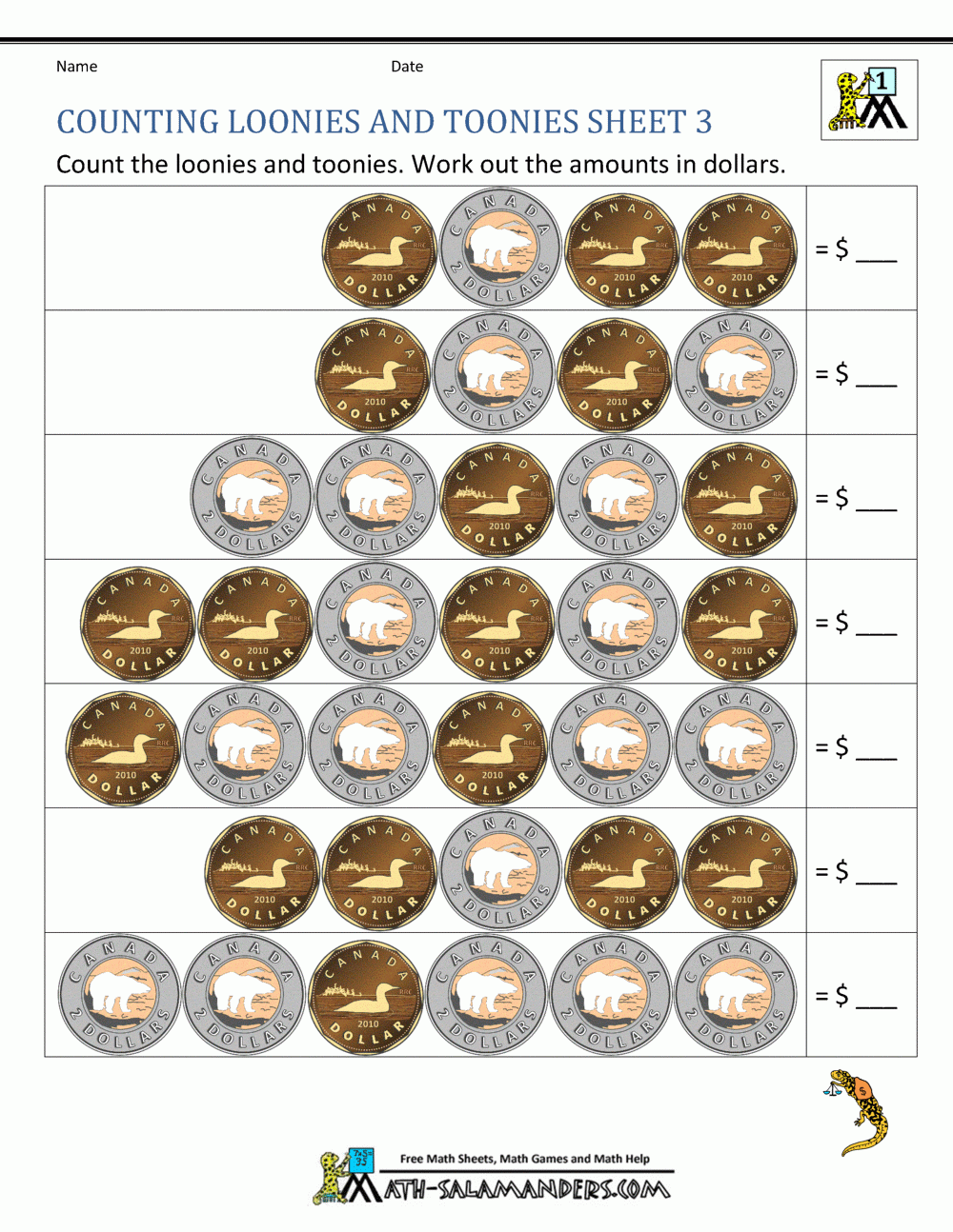 Counting Canadian Money Printable Worksheets
