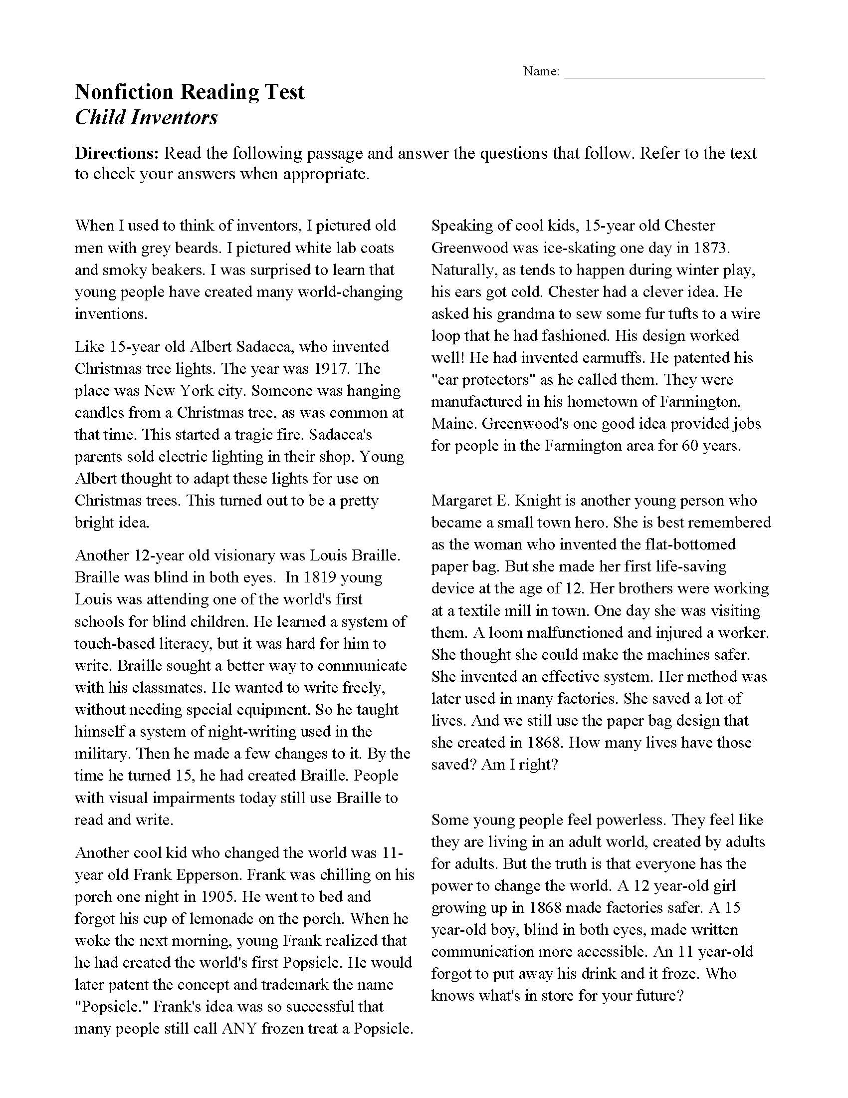 Child Inventors Nonfiction Reading Activity Child Inventors Nonfiction Reading Activity