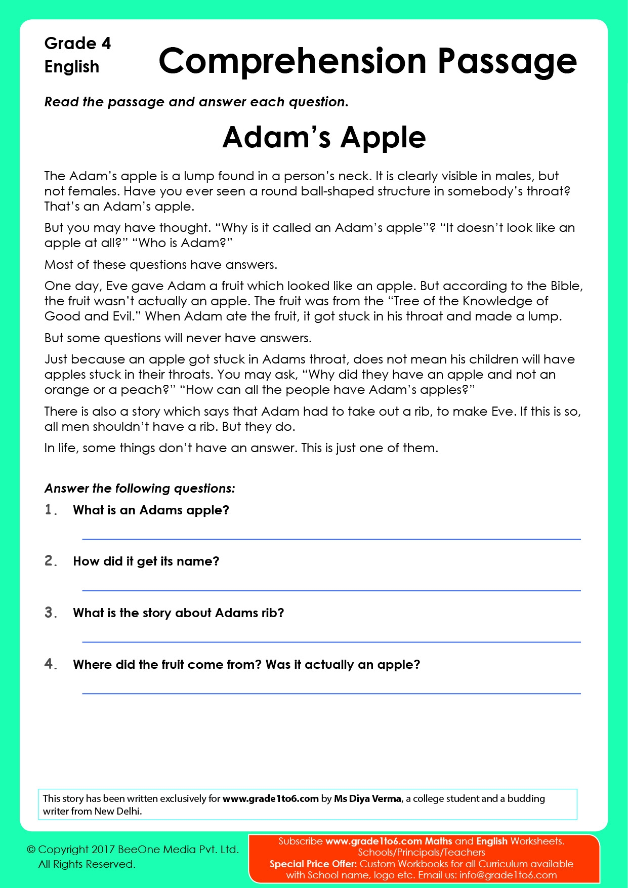 Free Worksheets For Grade 4 Comprehension