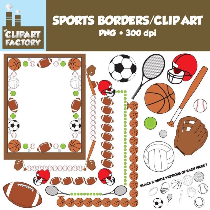 Clip Art Sports Borders Clip Art Borders And Assorted Sports Equipment Etsy