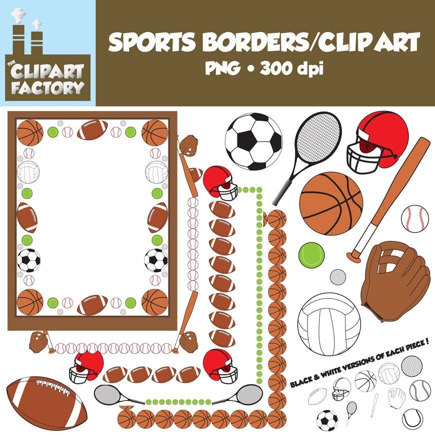 Clip Art Sports Borders Clip Art Borders And Assorted Sports Equipment Etsy