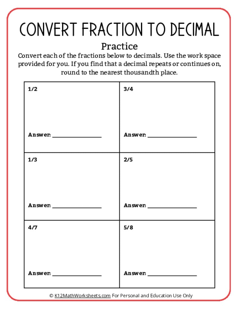 Printable Decimals Worksheet