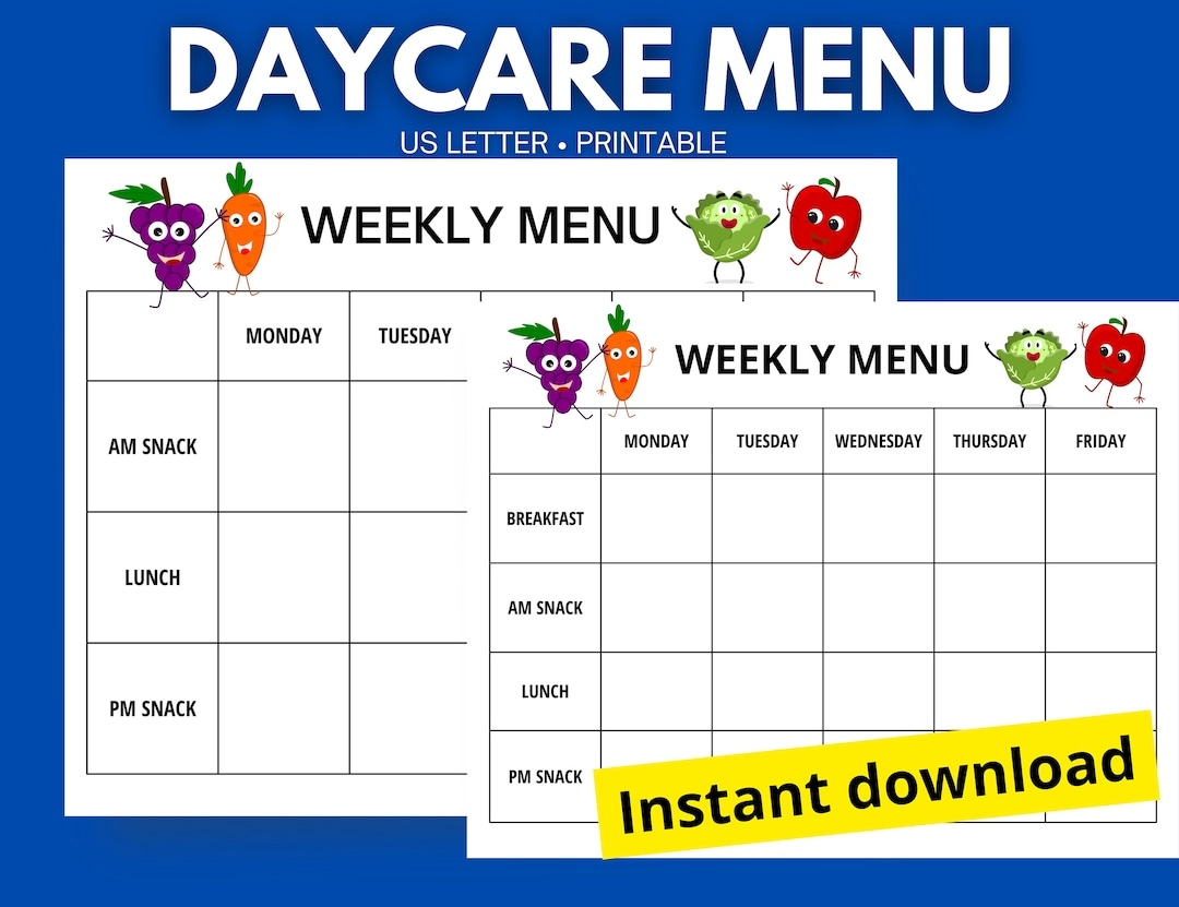 Daycare Retail Menu Weekly Preschool