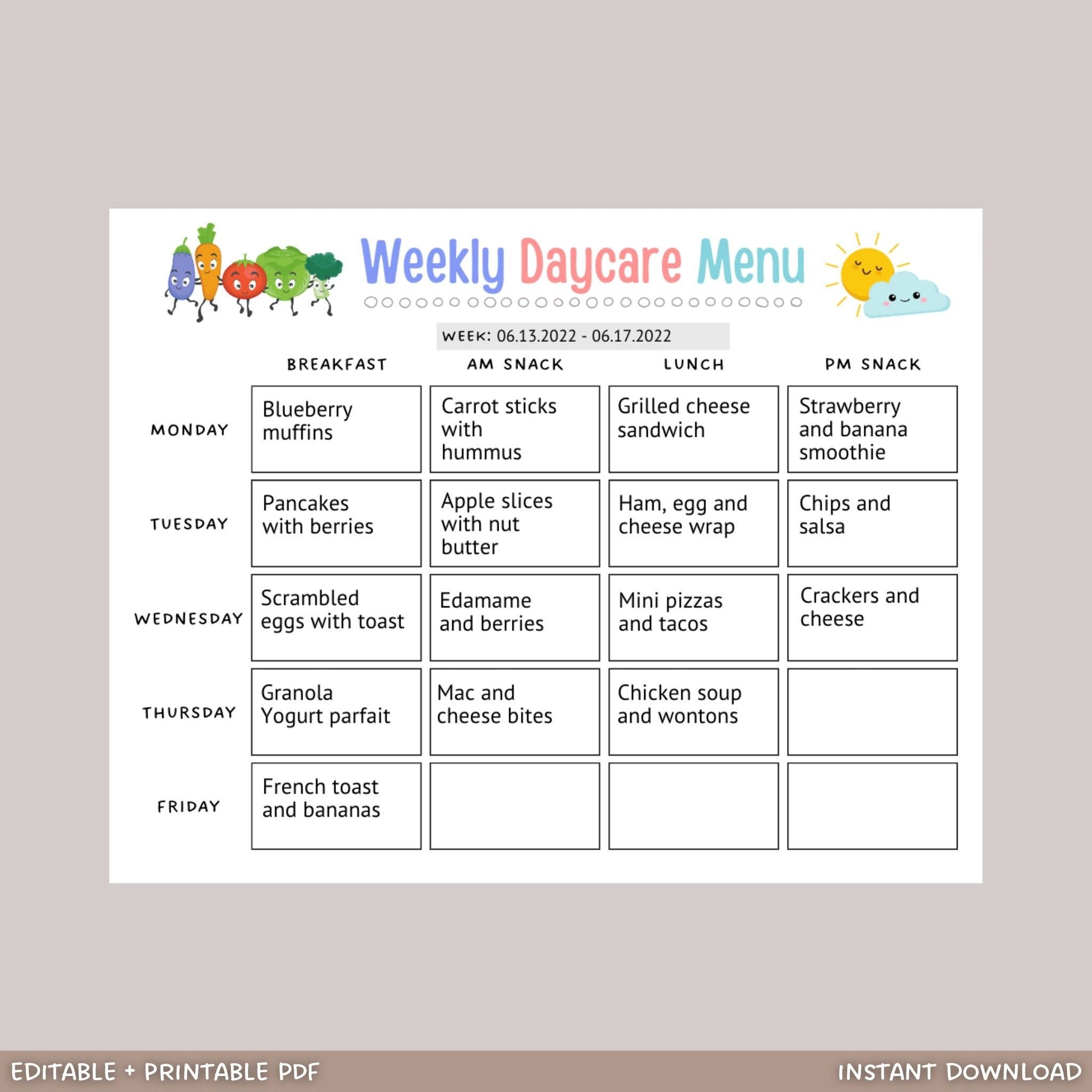 Preschool Weekly Menu Printable