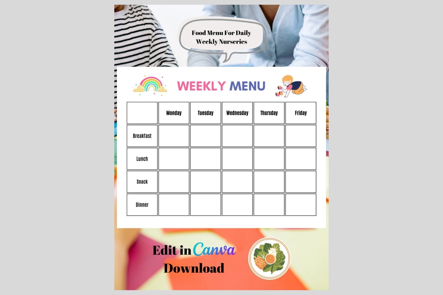 Daycare Weekly Nursery Menu Editable PDF For Preschool