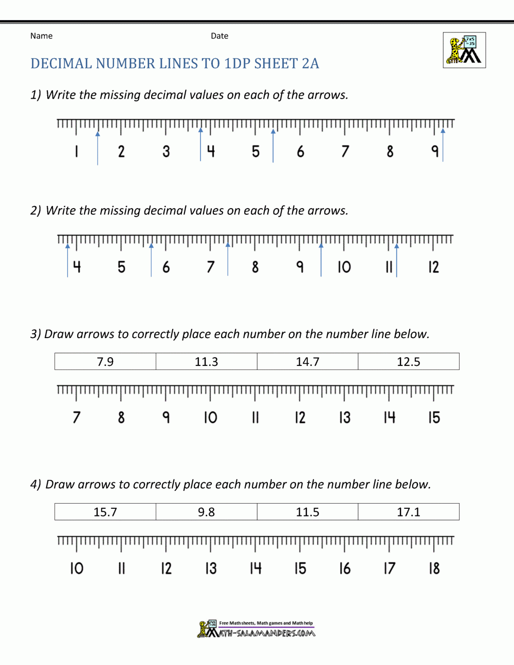 Decimal Number Line Worksheets Decimal Number Line Worksheets