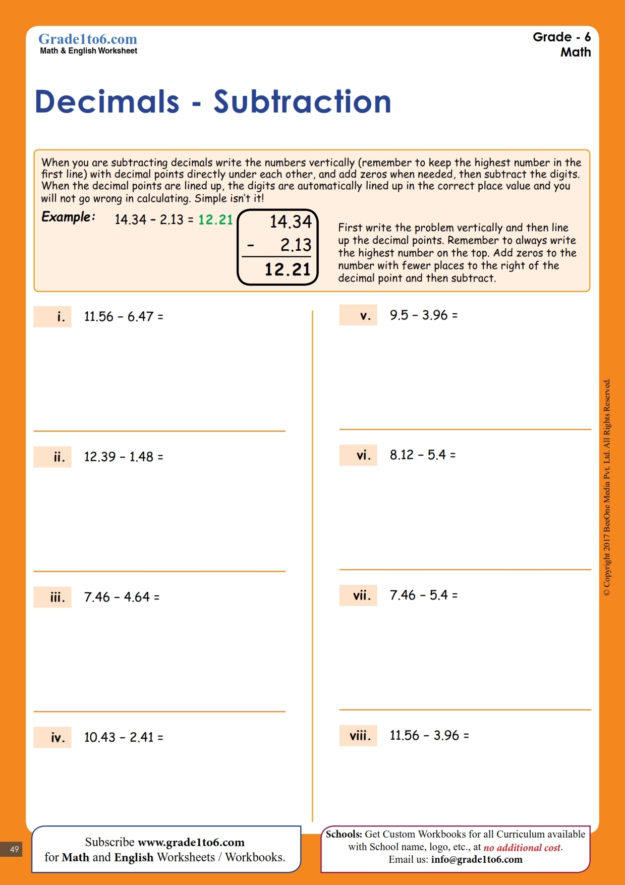 Math Worksheet Of Subtracting Decimals Printable