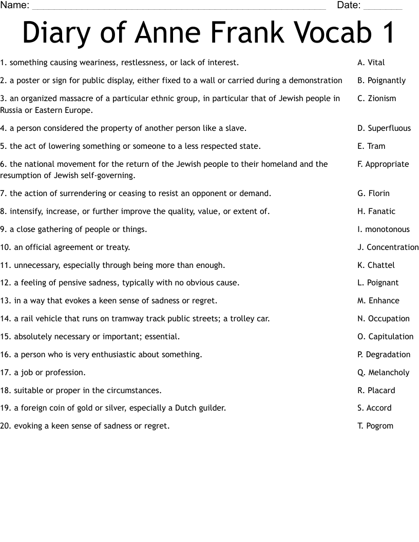 Diary Of Anne Frank Vocab 1 Worksheet WordMint
